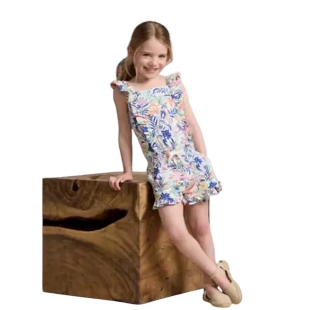 NWT Polo‎ Ralph Lauren Girls Tropical Print Ruffled Romper Multi-Color Summer